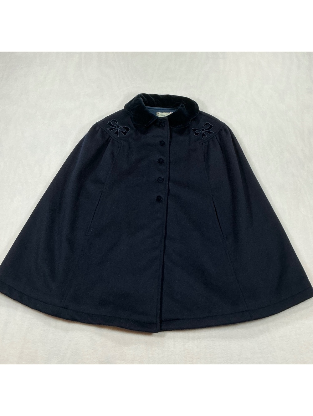 Baby Magil Navy Blue Wool Blend Cape Coat with Velvet Collar and Bow Detail Size
